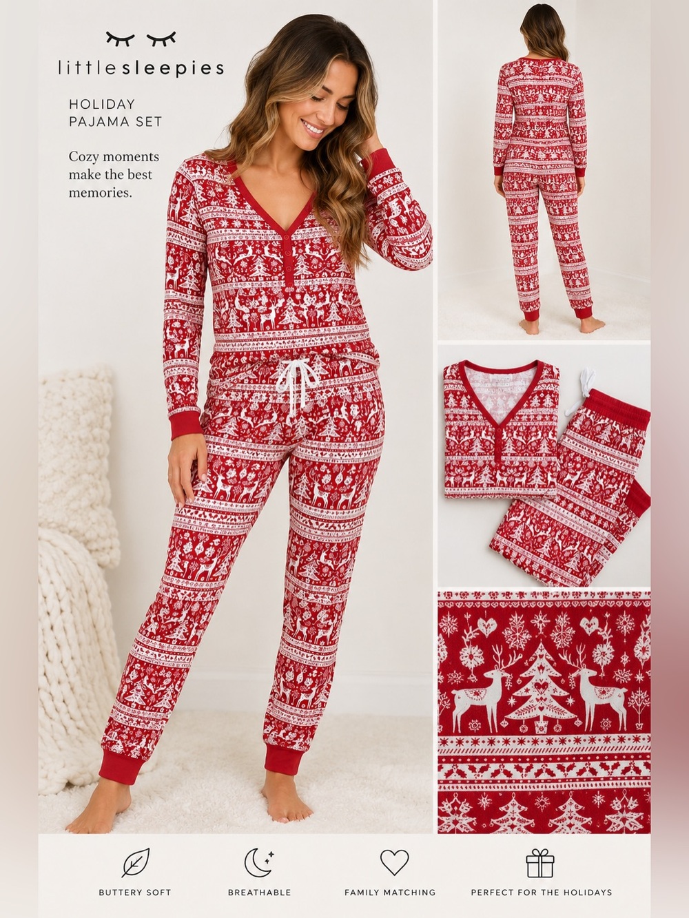 Little Sleepies Red & White Fair Isle Holiday Women's Pajama Set